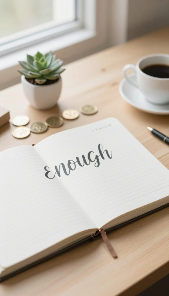 Minimalist budget planner with 'ENOUGH' script, coins, succulent, and coffee on a wooden desk