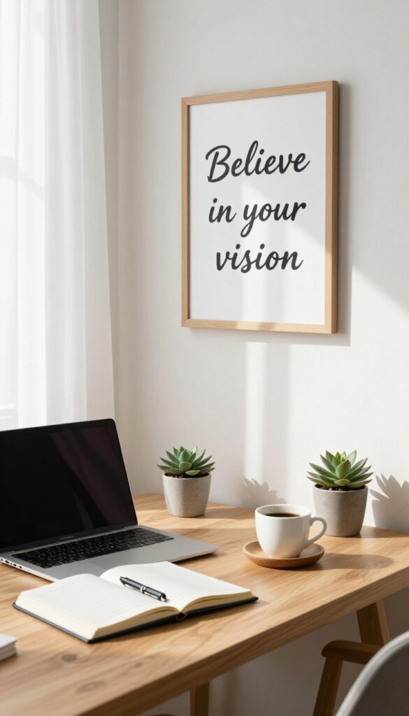 Cozy home office with inspirational quote framed on wall, laptop and coffee on desk