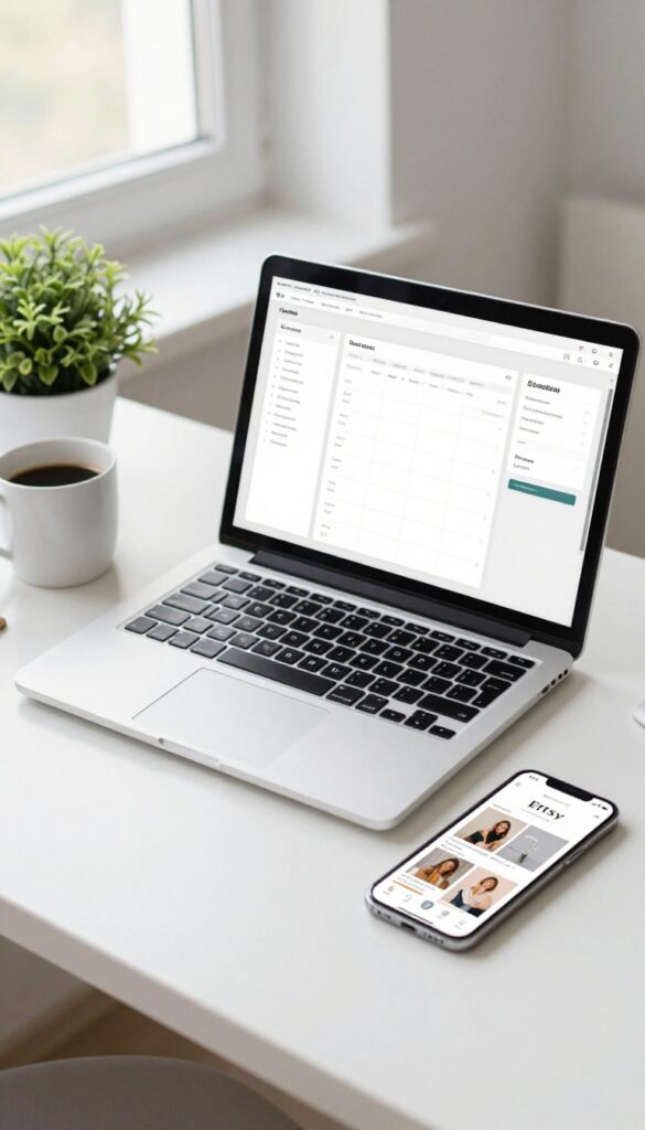 A bright desk setup with a laptop displaying a digital planner, a coffee mug, a plant, and a smartphone showing an Etsy shop, representing selling digital products as a side hustle.