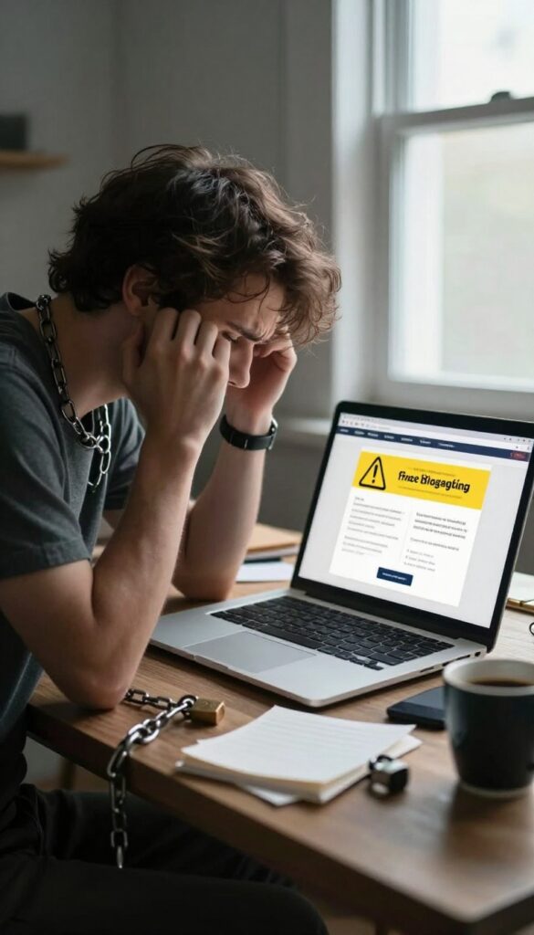 A blogger feeling trapped by a free blogging platform, with visual cues of limitation and frustration.