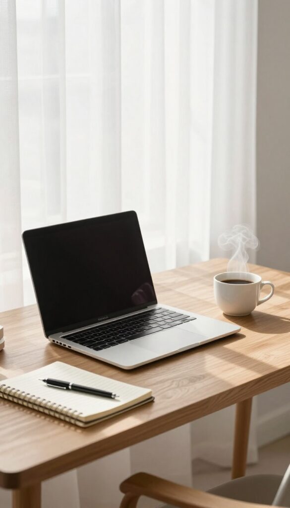 Clean home office desk with laptop, coffee, notebook, and pen in natural light