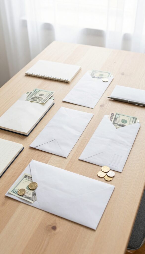 Cash envelopes on a wooden table with money and a notebook