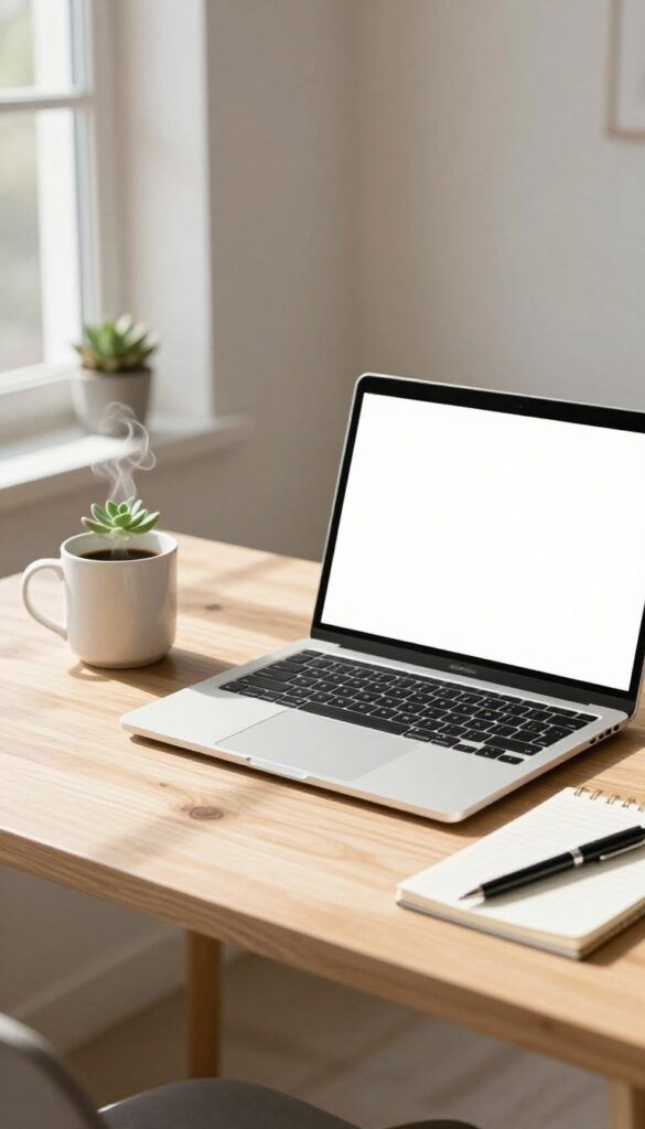 A cozy home office setup with a laptop, coffee, and notepad, representing freelance writing.