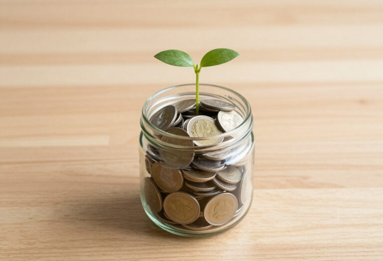 Glass jar with coins and cash and a small plant growing out of it on a wooden table