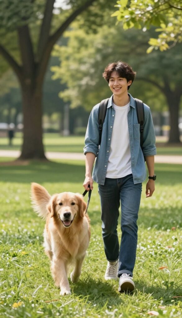 Student walking a dog in a sunny park