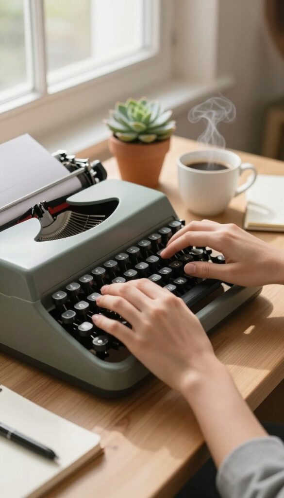 A person typing on a vintage typewriter in a cozy, sunlit workspace with coffee and a succulent.