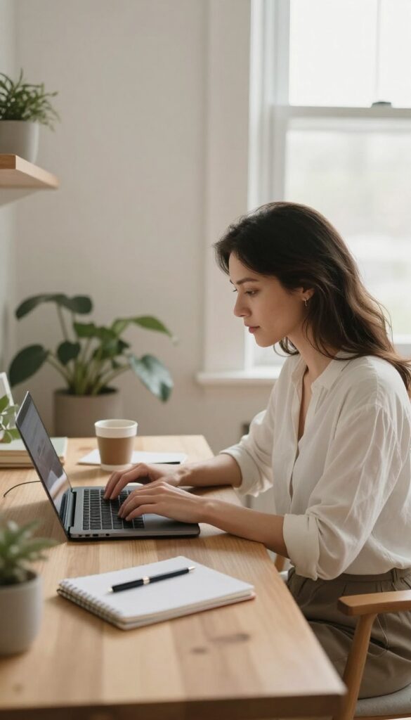 Woman working on laptop at a bright home office desk, freelance writing setup