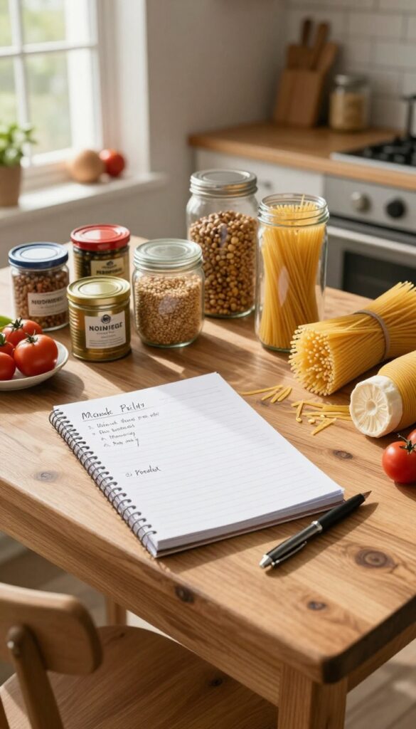 A pantry challenge setup with canned goods, grains, and fresh vegetables on a rustic table, natural light, meal plan notebook.