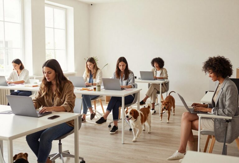 Women engaged in various flexible side hustles like working on a laptop, crafting, and walking a dog