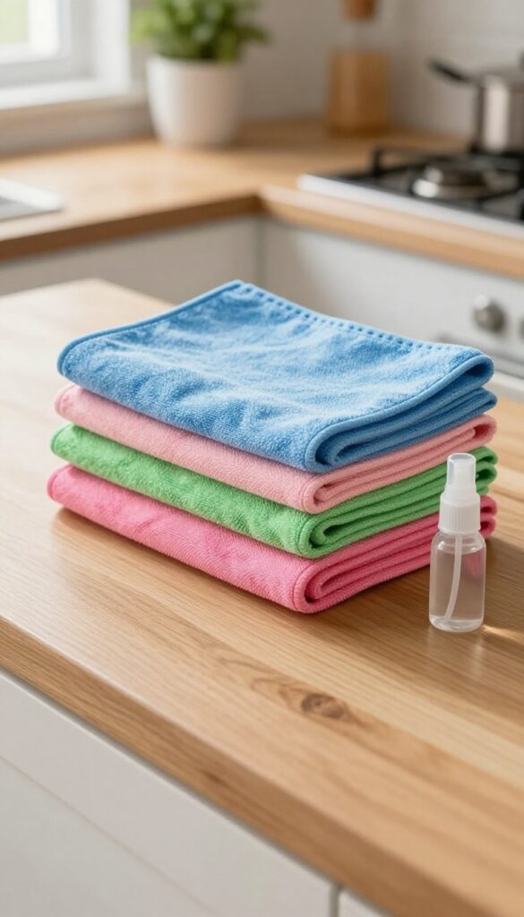 Stack of colorful microfiber cloths on a kitchen counter with a spray bottle, natural light, clean composition.