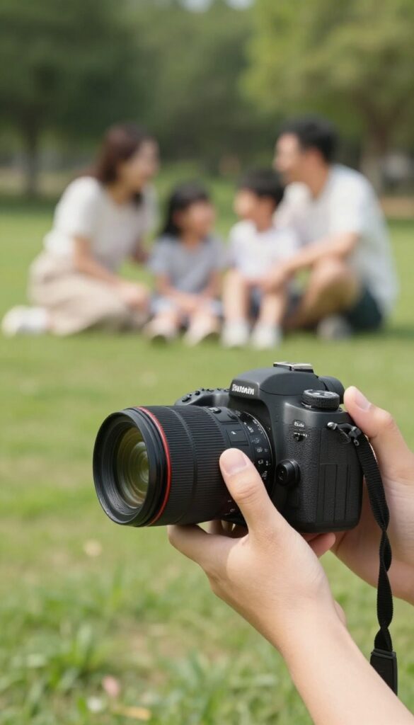 Photographer using a camera on a tripod during a weekend portrait session in a park