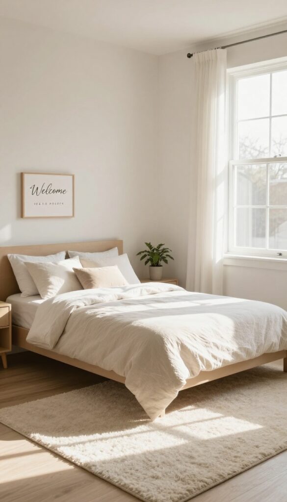 A bright and cozy spare bedroom with a bed, nightstand, and plant, ready for Airbnb guests.