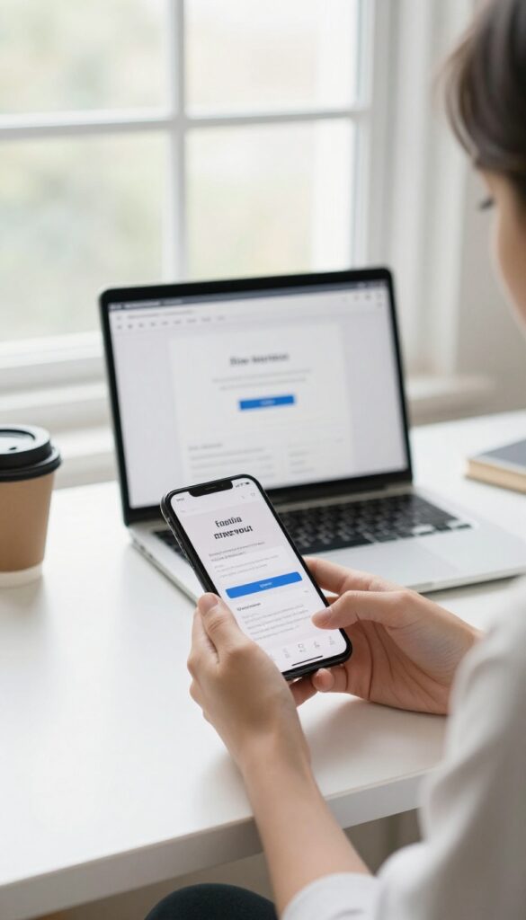 Person holding smartphone at desk with laptop and coffee, bright home office, ready to take action