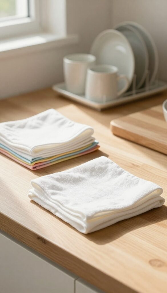 Cloth napkins and reusable rags on a kitchen counter, natural light, money-saving home swap