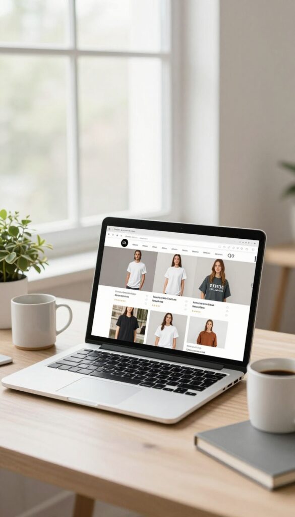 Home office with laptop showing online store, product mockups, natural light, plants, and coffee