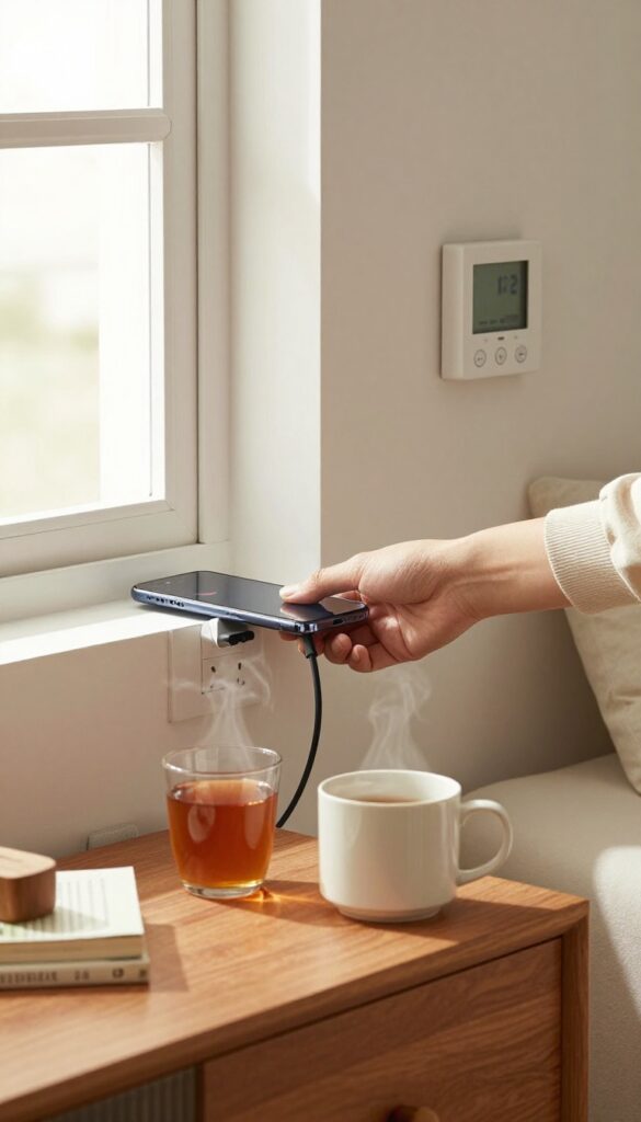 Person unplugging charger in cozy living room with draft stopper and thermostat