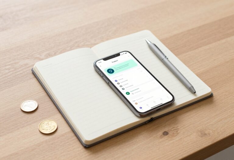 Weekly budget check-in supplies on a desk: notebook, pen, smartphone, and coins.