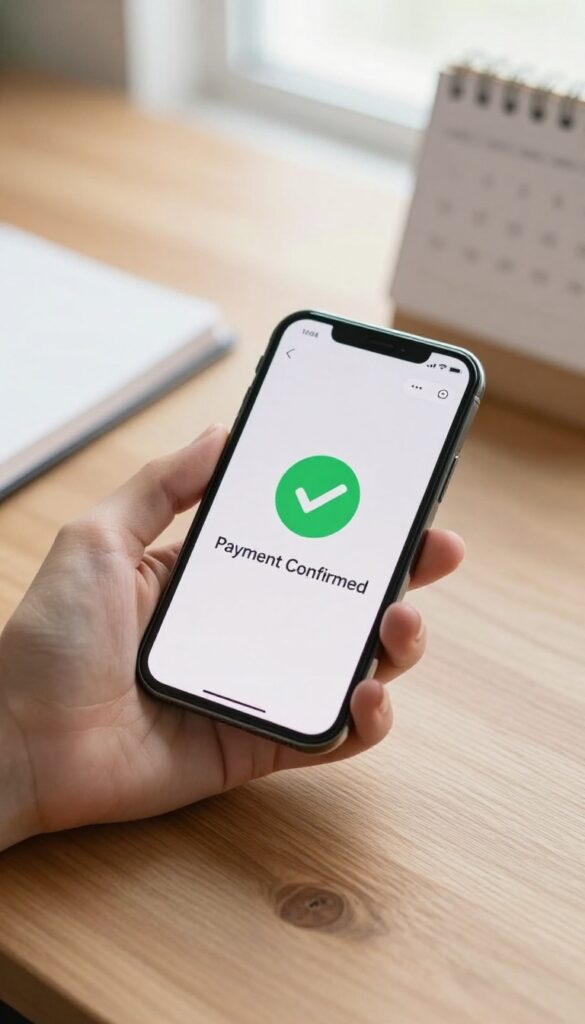 Person holding smartphone with payment confirmation screen, calendar in background on desk