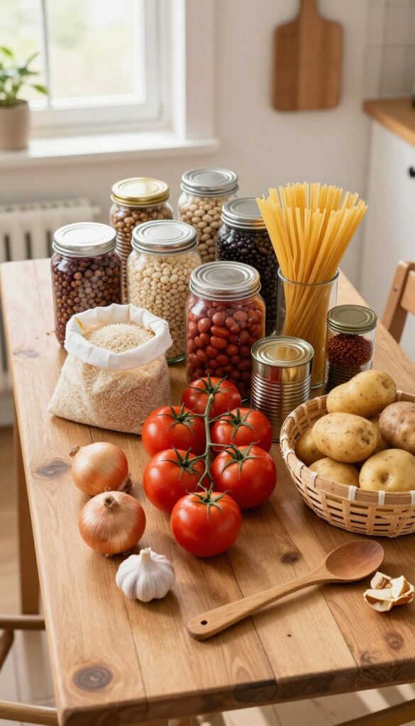 Overhead view of a pantry raid challenge with assorted dry goods and canned foods on a wooden table