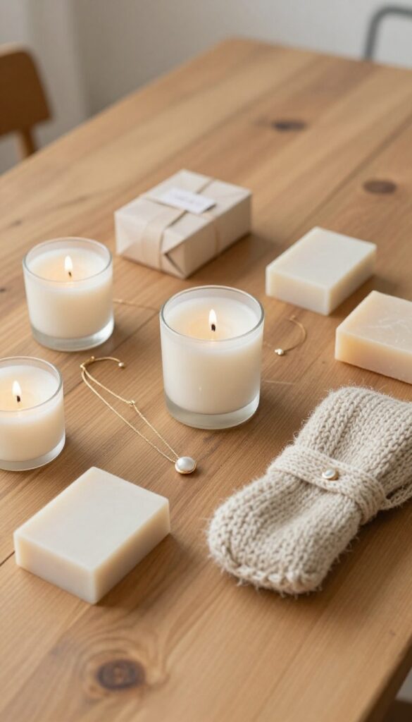 Flat lay of handmade crafts including jewelry, candle, soap, and knitted accessory on rustic wooden table
