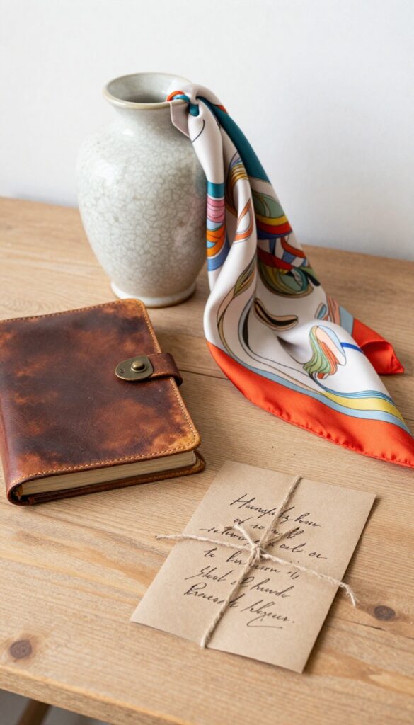 Thrifted treasure display with vintage vase, leather journal, and silk scarf on wooden table