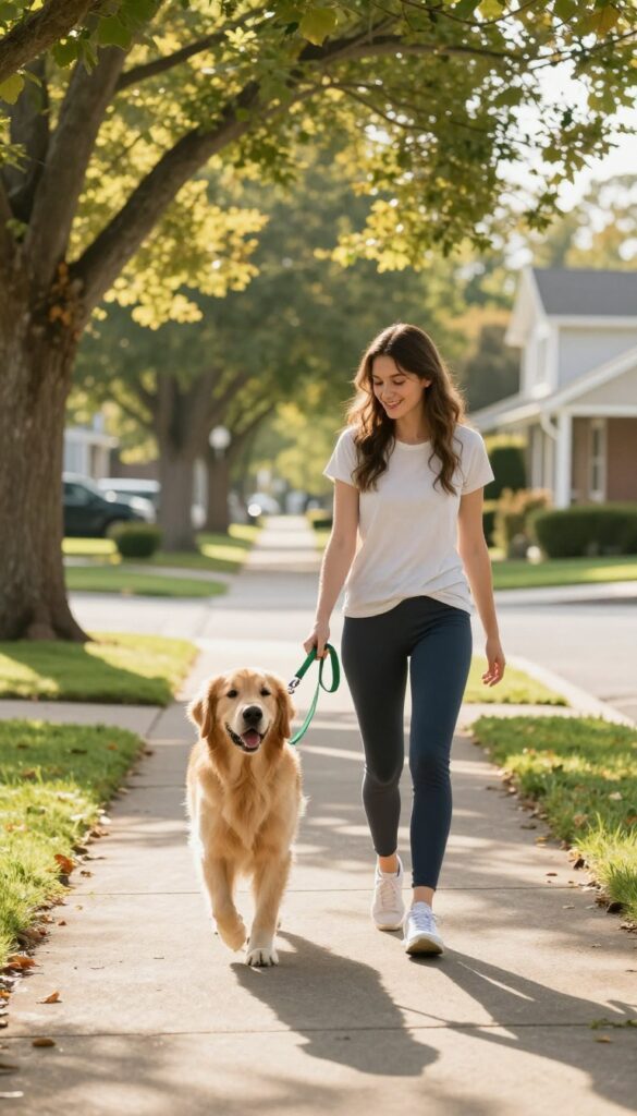 A woman walking a golden retriever on a sunny suburban street