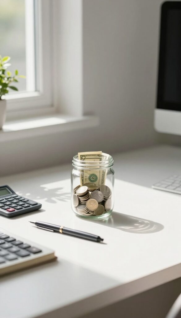 A jar of coins on a desk with a dollar bill, calculator, and notebook in natural light