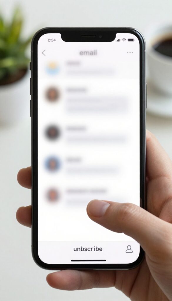 A finger about to click unsubscribe on a retail promotional email on a smartphone, with a clean desk background.