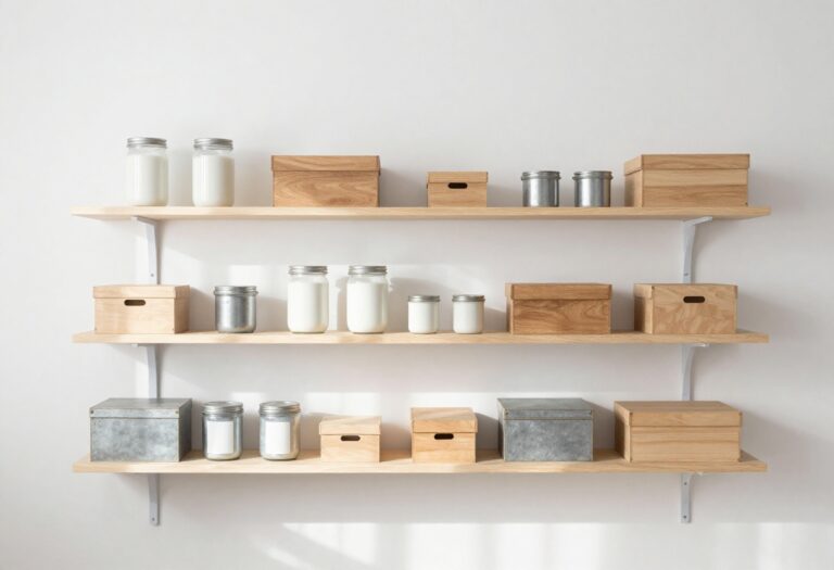 A tidy living room shelf with mason jars and shoeboxes used for storage.
