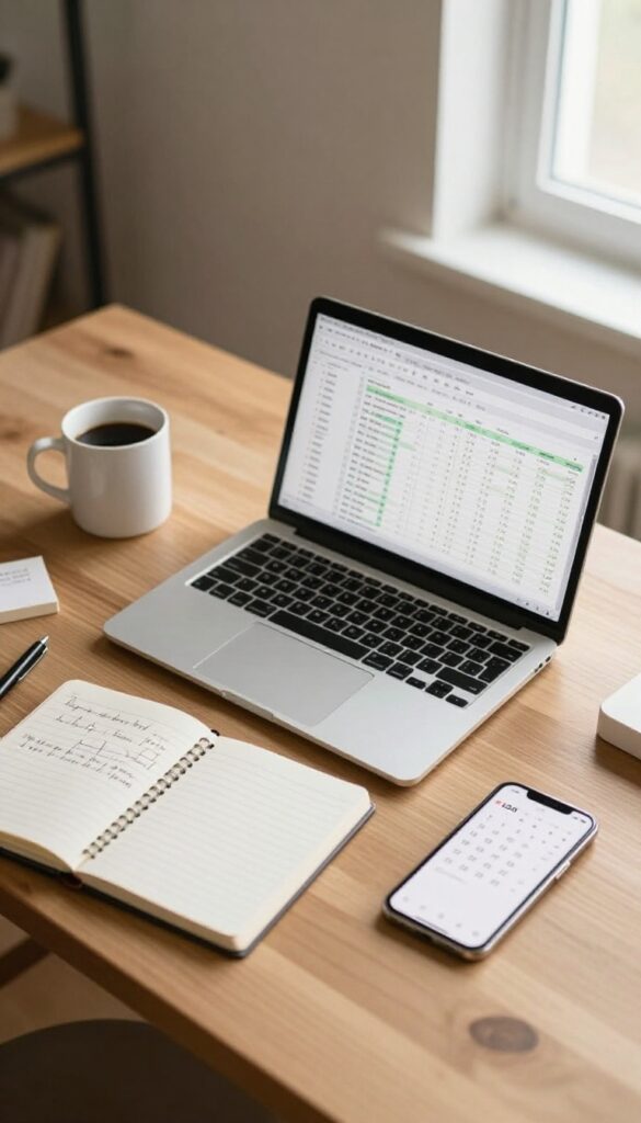 Weekly budget review setup with laptop, notepad, and coffee on a desk