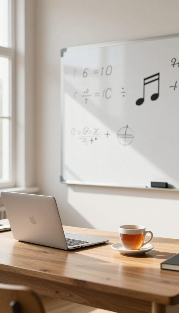 Cozy home office setup for online tutoring with laptop and whiteboard