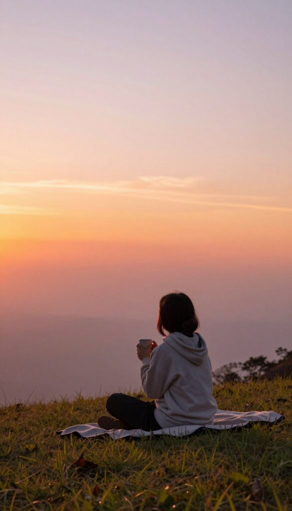 Person watching a sunrise from a grassy hill, holding a warm drink