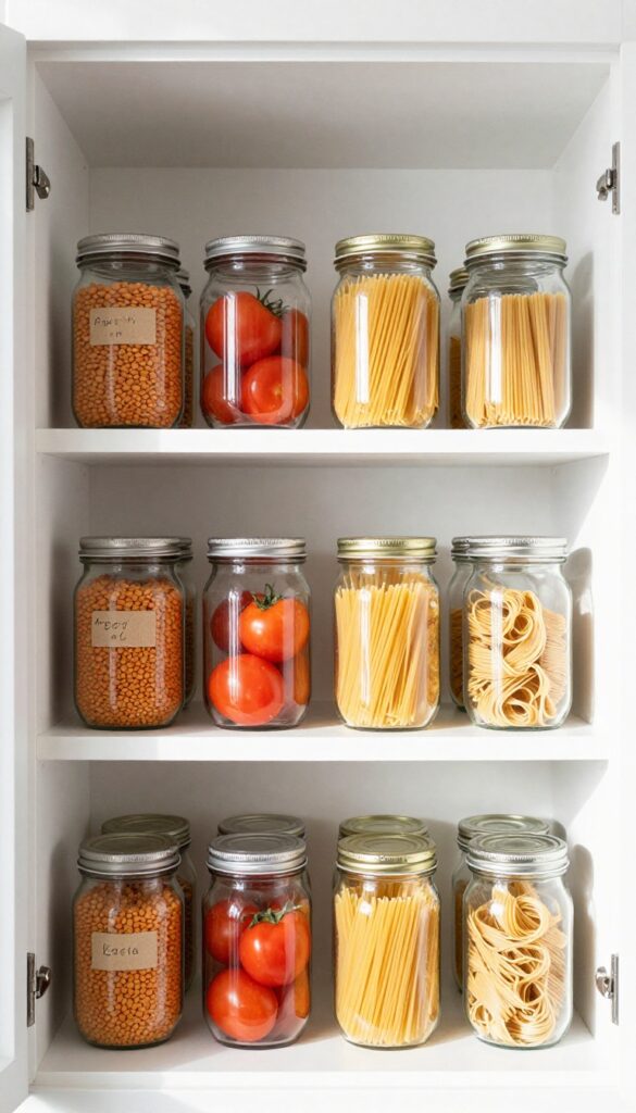 Organized pantry shelf with first-in first-out system, older items in front and newer items behind