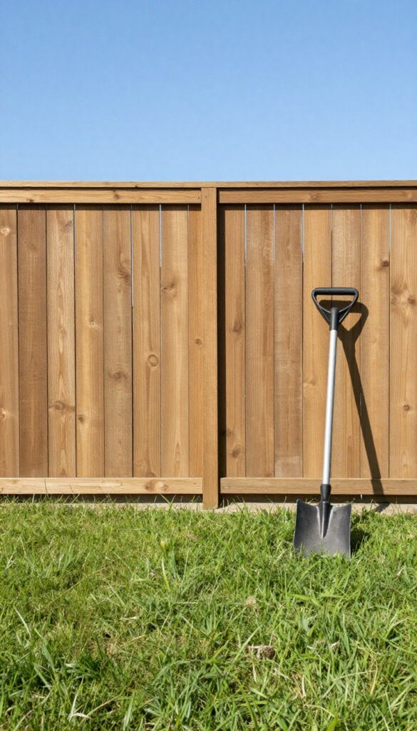 Lawn mower and shovel leaning against a fence in a sunny backyard