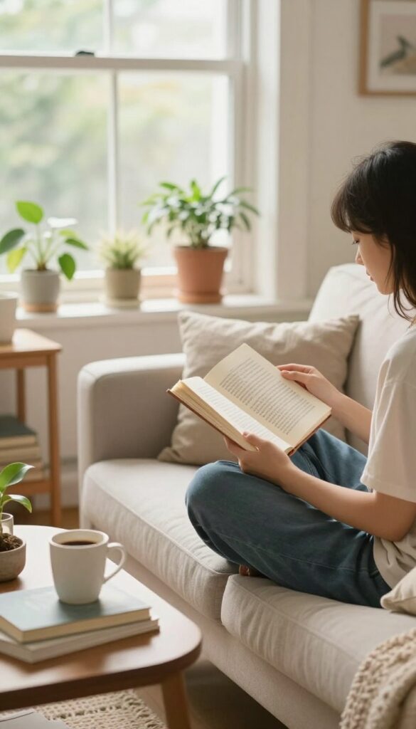 A person enjoying a no-spend weekend at home, reading a book in a sunlit living room.