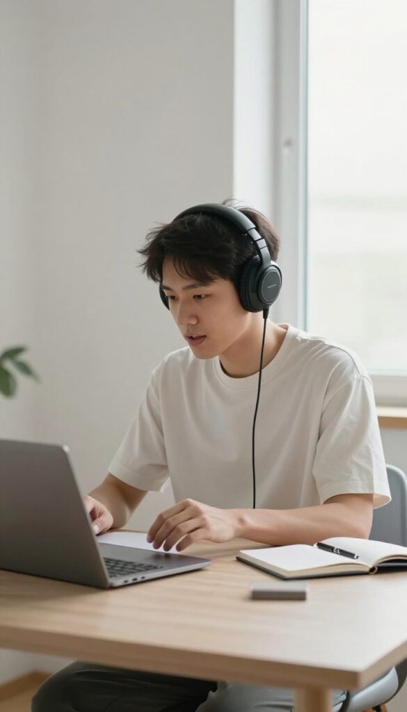 Person participating in an online focus group from home, with headphones and laptop.