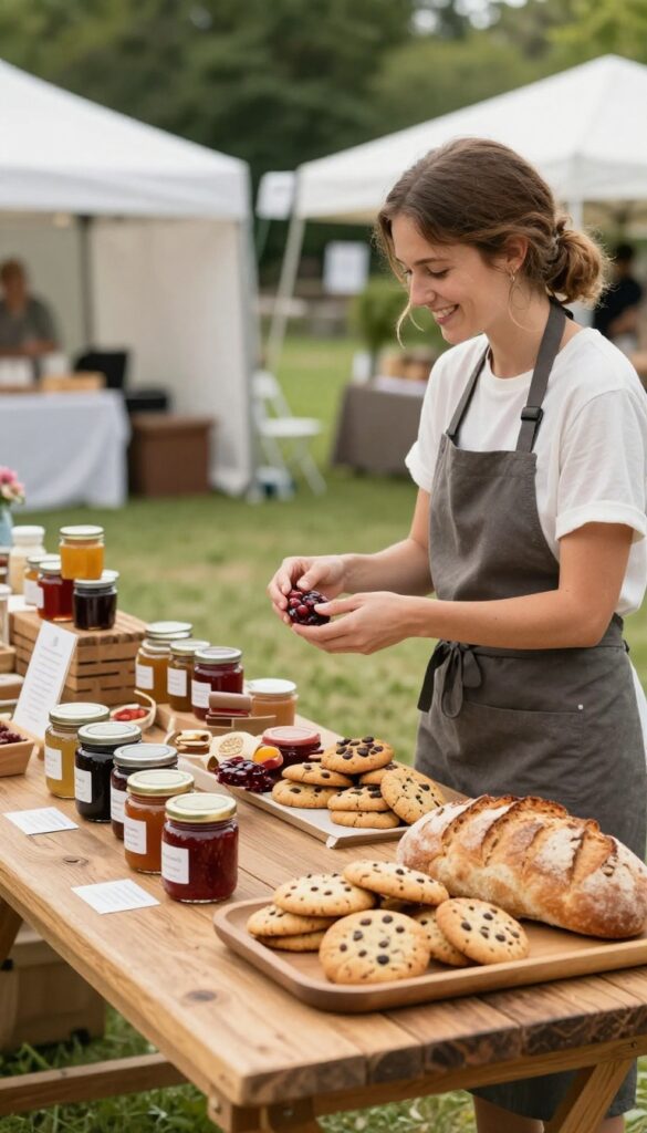Farmers market booth with homemade jams, cookies, and bread, vendor handing sample to customer, sunny morning.