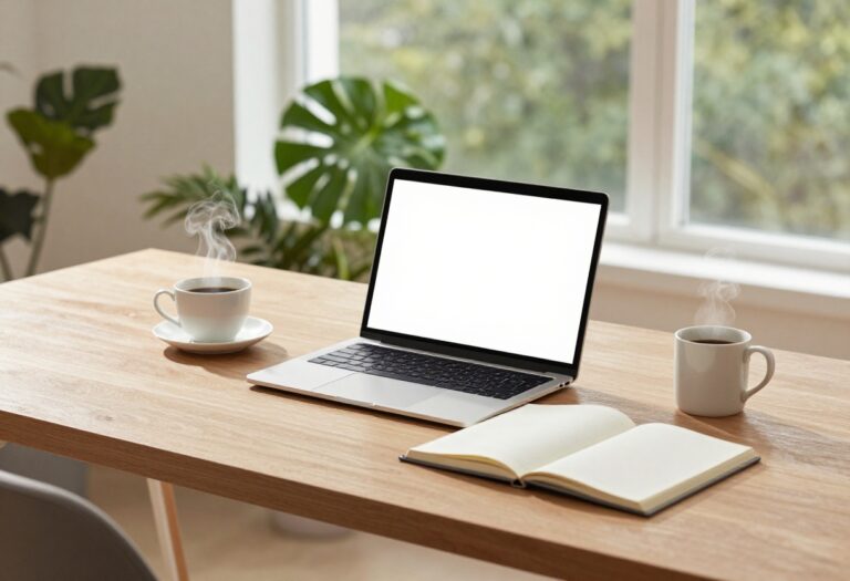 Home office with laptop and coffee, representing small business ideas from home