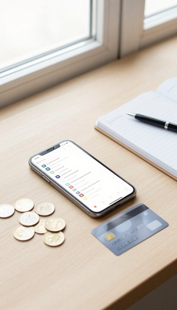 Flat lay of smartphone with subscription apps, credit card, notebook, and coins on a wooden desk.