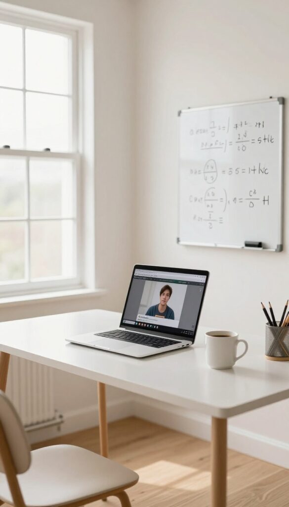 Online tutoring setup with laptop, webcam, and whiteboard in a bright home office