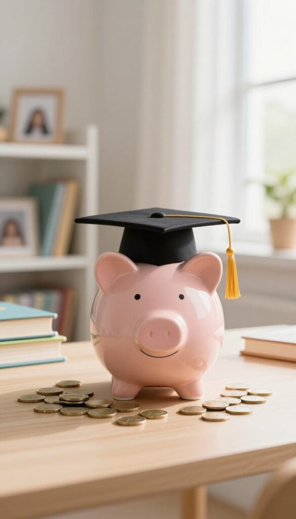A piggy bank shaped like a graduation cap on a desk with coins and children's books, representing saving for a child's education.