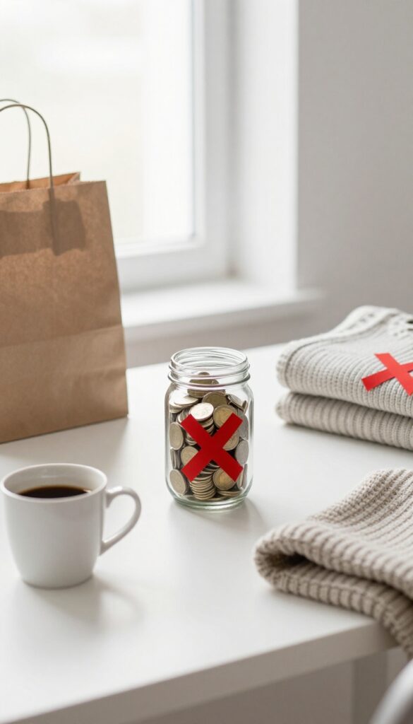 A jar of savings on a desk with crossed-out impulse buys, representing a no-buy year challenge.