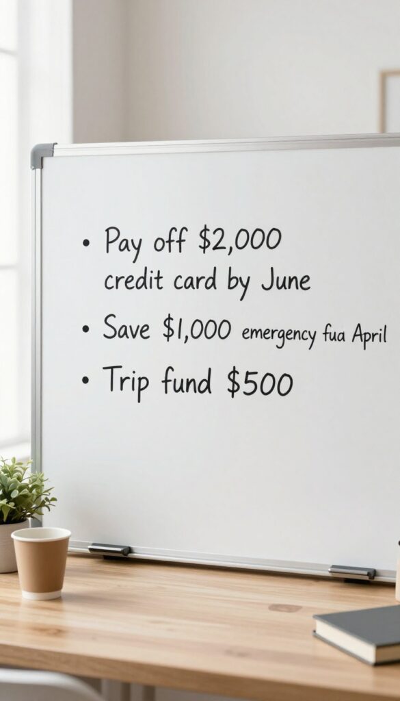 A desk with a handwritten list of three specific money goals, a coffee cup, and a plant in natural light.