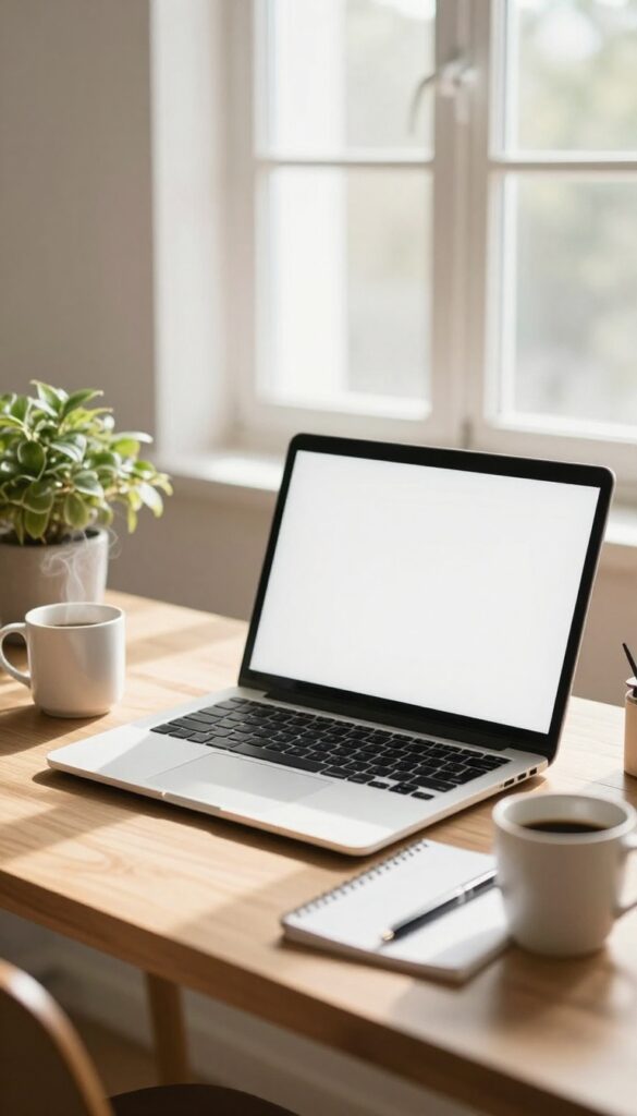 Cozy home office with laptop, coffee, notepad, and plant in natural morning light