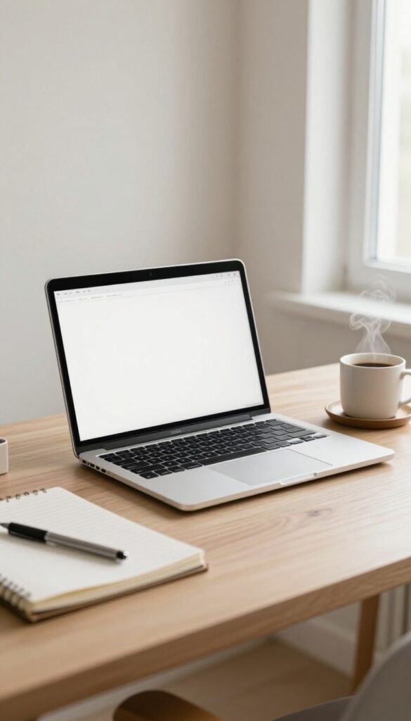 Cozy home office desk with laptop, coffee, and notebook for freelance writing