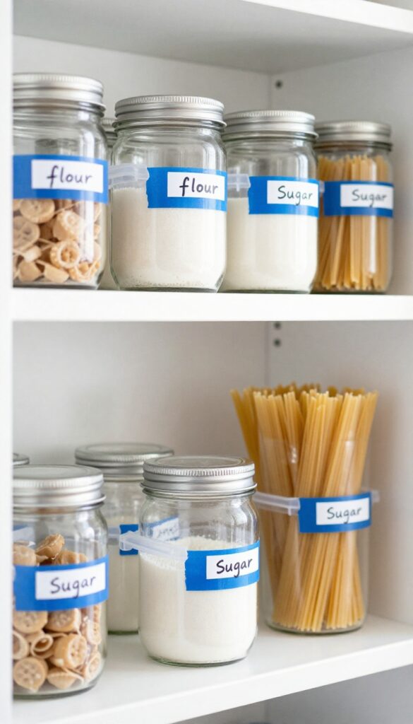 Pantry shelf with labeled jars using painter's tape