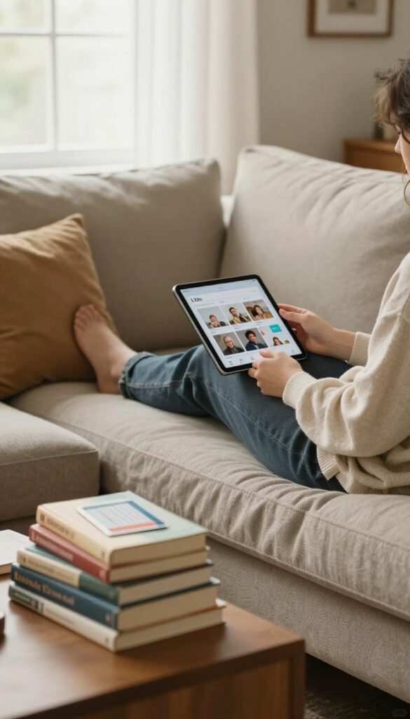 Person using a tablet to borrow digital library books while relaxing on a sofa with a stack of physical books nearby.