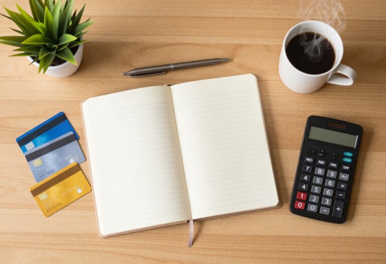 Flat lay of budgeting tools including notebook, pen, calculator, and credit cards on a wooden desk with a plant and coffee.