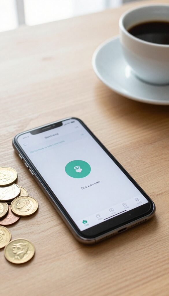 Smartphone with banking app showing round-up savings feature next to loose change and a coffee cup on a wooden table