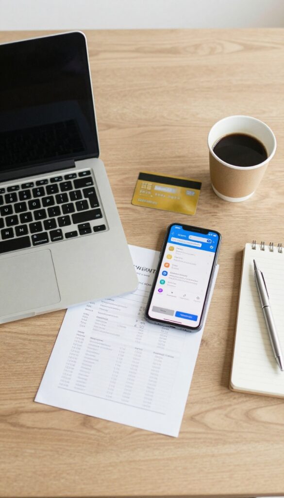 Flat lay of laptop, smartphone, credit card, and notepad on a wooden desk for auditing subscriptions.